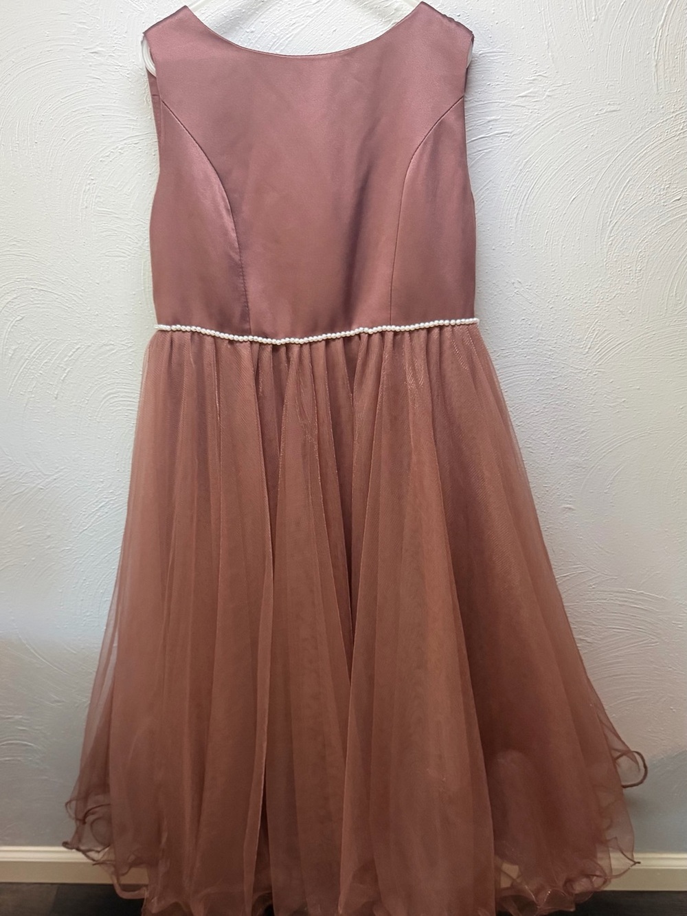 Girls espresso Tulle Party Dress with Pearl Waist